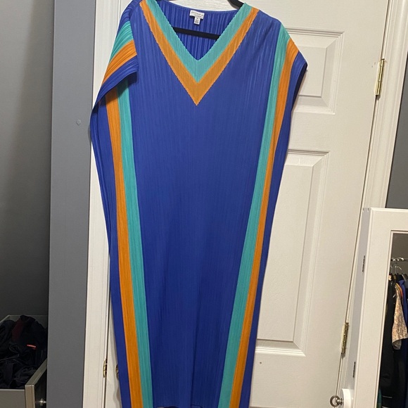 Current Air Blue Asymmetrical Dress with Orange and Green Accents - Picture 2 of 7